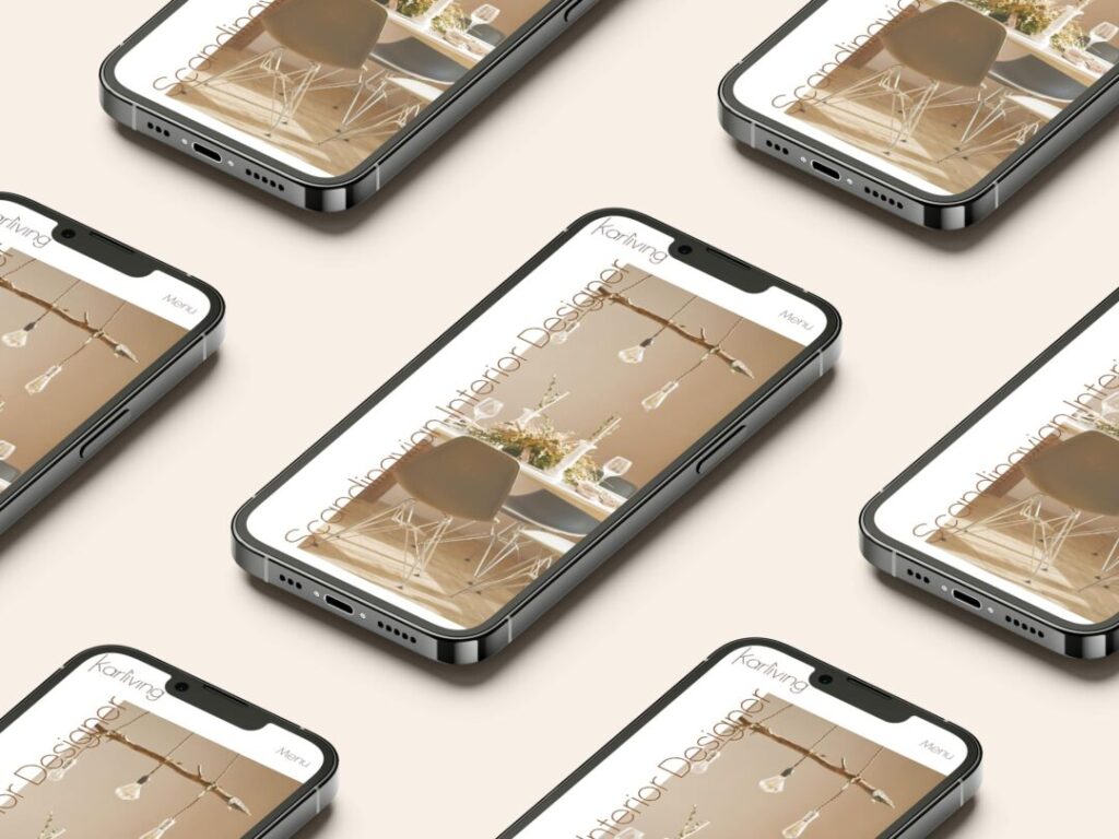 Six smartphones affichent un site de design intérieur scandinave.