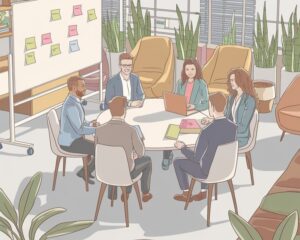 Des personnes discutent autour d'une table dans un bureau moderne.