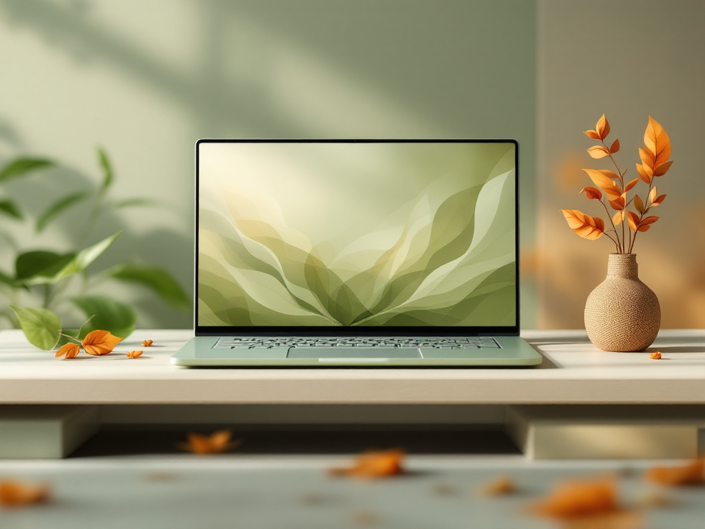 Ordinateur portable sur une table avec décoration végétale esthétique.
